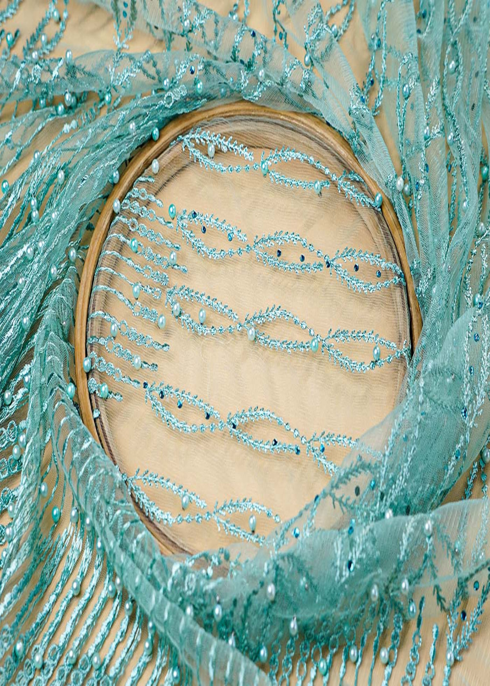 (Pre-Cut 1.5 Mtr ) Sea Green Imported Net Fabric With All Over Thread