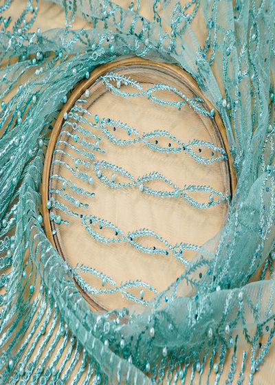 (Pre-Cut 1.5 Mtr ) Sea Green Imported Net Fabric With  All Over Thread And Pearl Work With One Side Heavy Border 17720