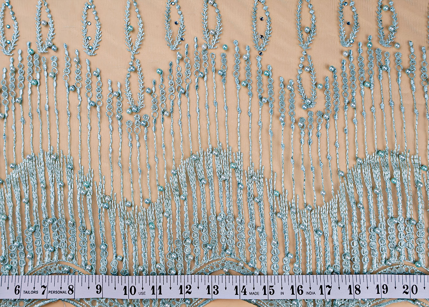 (Pre-Cut 1.5 Mtr ) Sea Green Imported Net Fabric With  All Over Thread And Pearl Work With One Side Heavy Border 17720