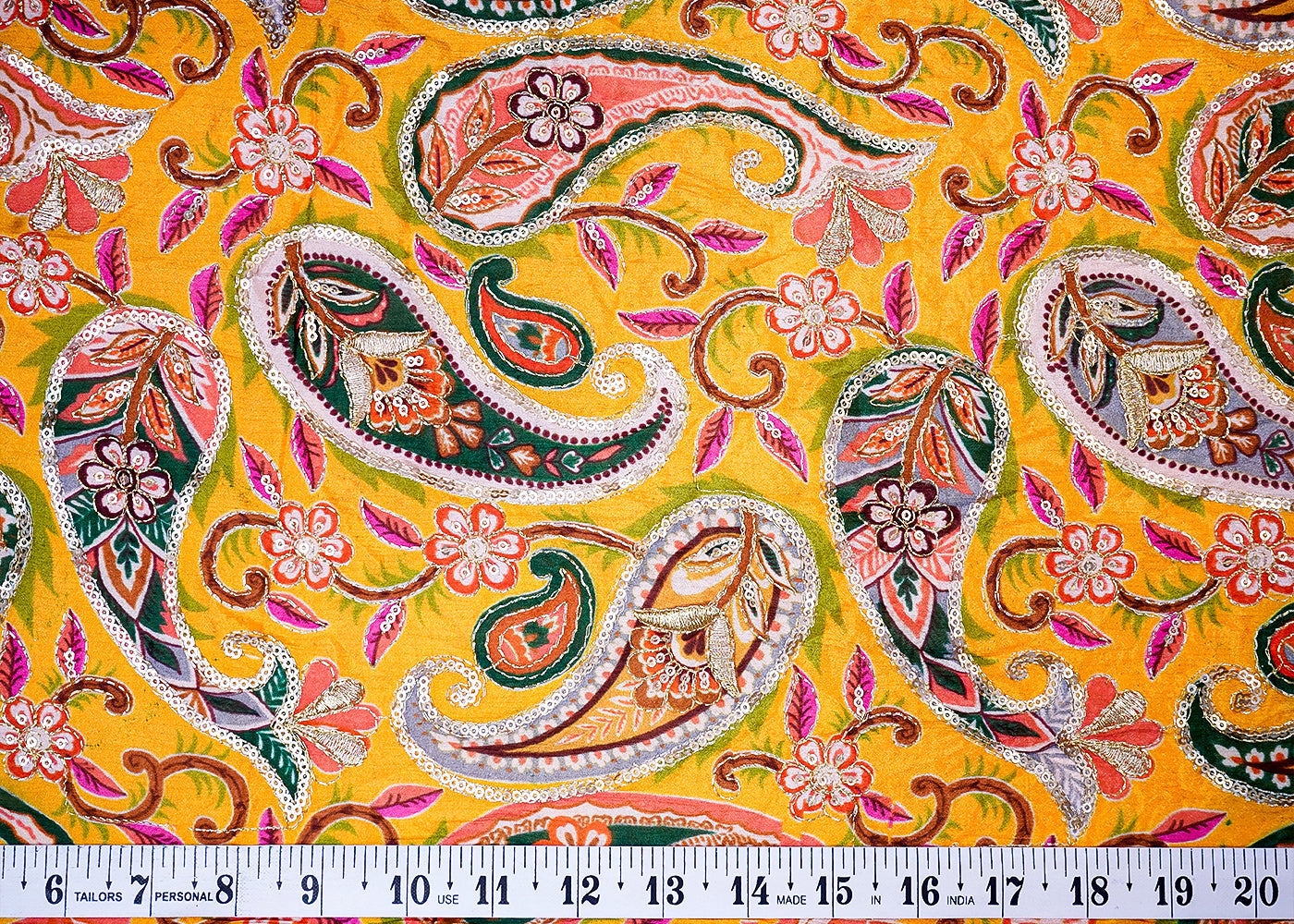 ( Pre-Cut 2 MTR) Yellow Fabric With All Over Zari And Sequins Work 17724
