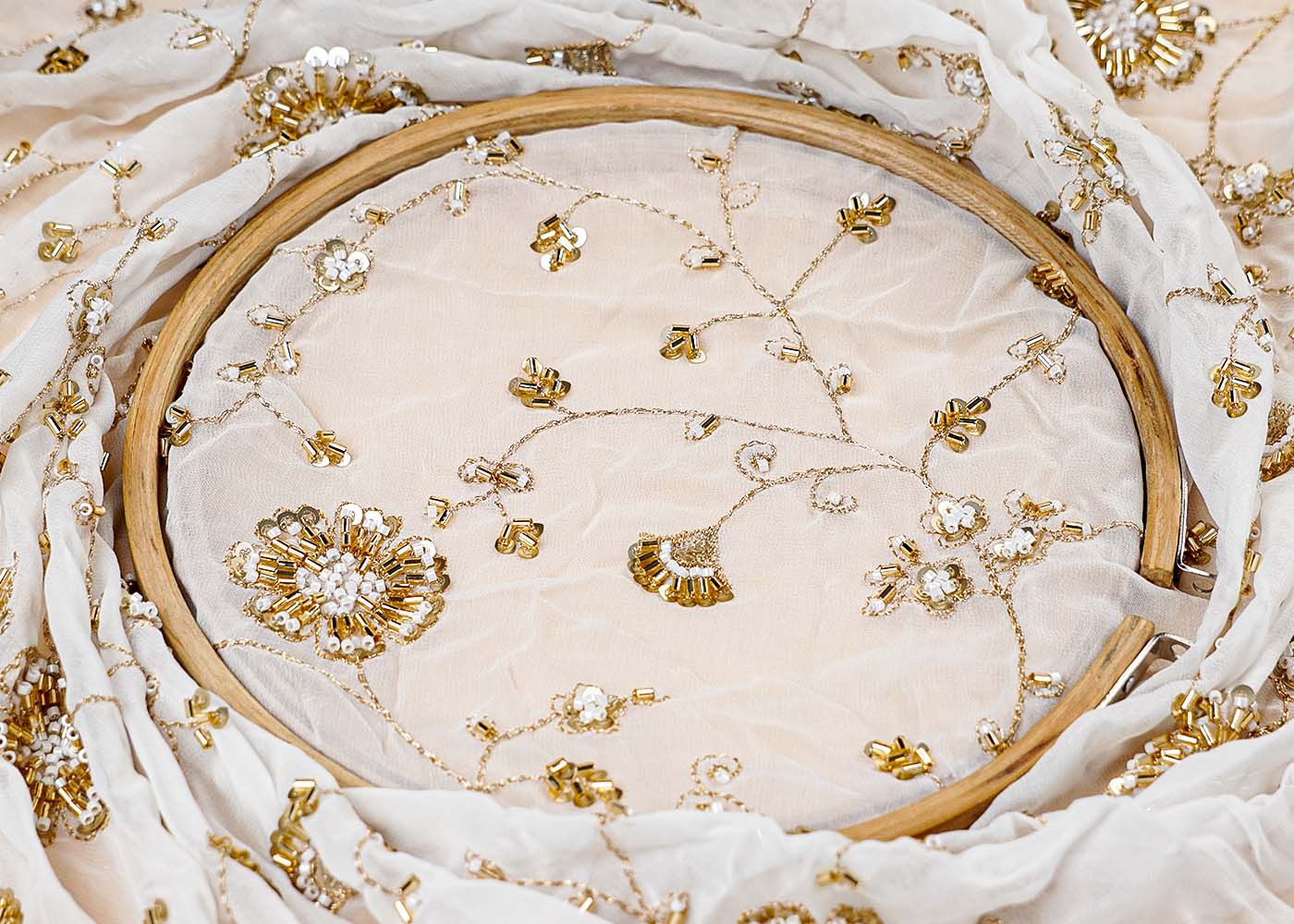 (Pre-Cut 0.7 Mtr ) White Georgette Fabric With  All Over Bead Sequins And Zari Work 17727