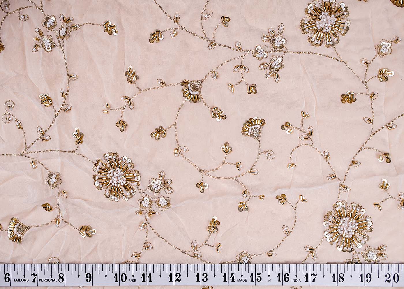 (Pre-Cut 0.7 Mtr ) White Georgette Fabric With  All Over Bead Sequins And Zari Work 17727