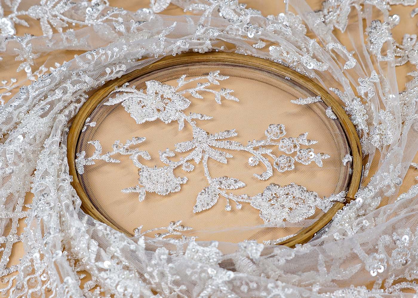 (Pre-Cut 2.7 Mtr ) White Imported Net Fabric With  All Over Thread Beads And Sequins Work With One Side Scalloped Border 17732