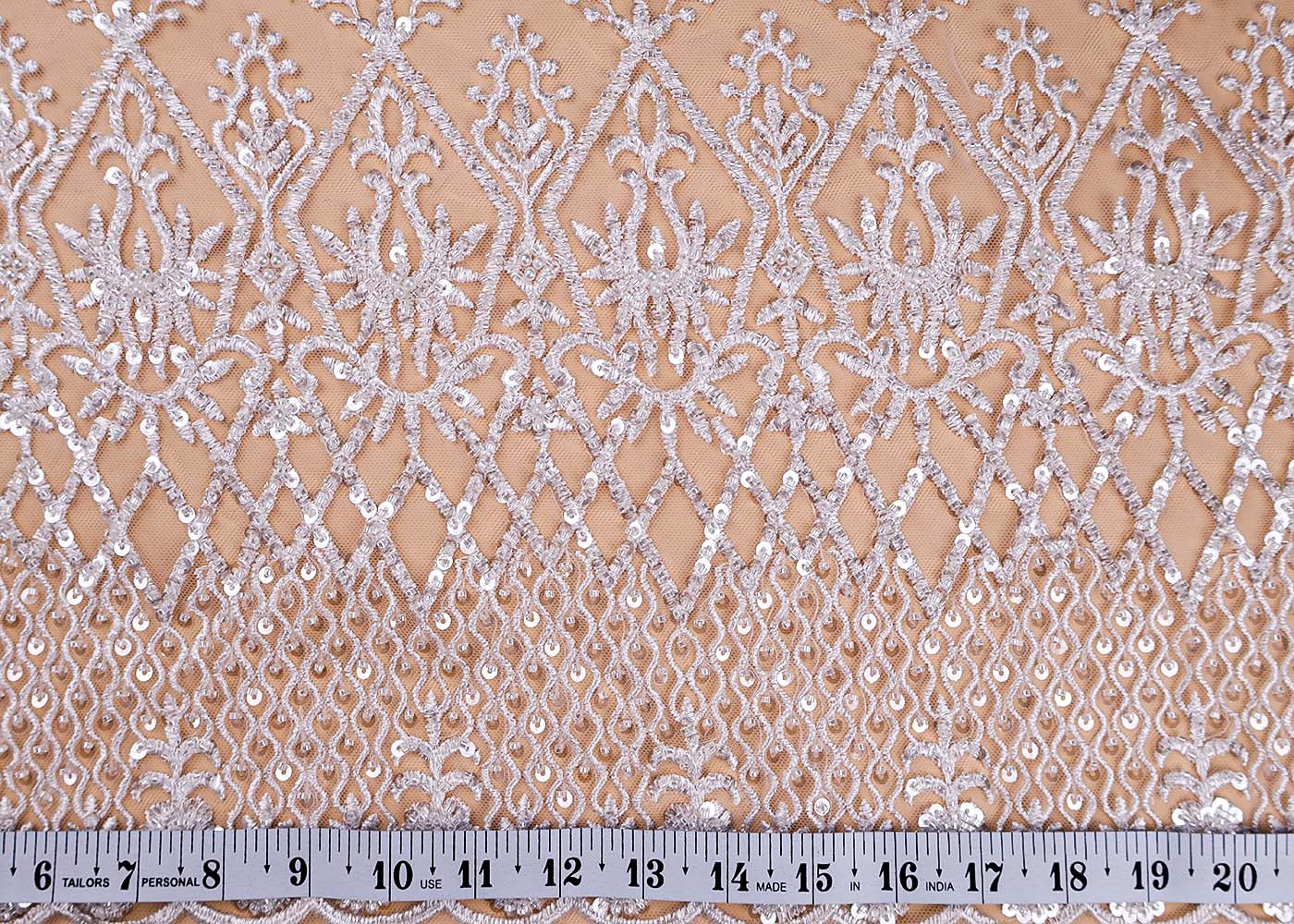 (Pre-Cut 2.7 Mtr ) White Imported Net Fabric With  All Over Thread Beads And Sequins Work With One Side Scalloped Border 17732