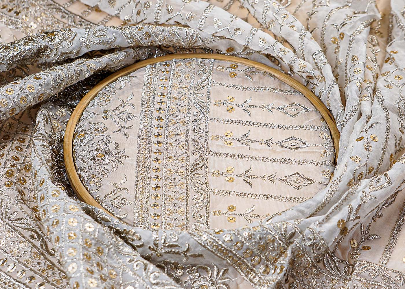 (Pre-Cut 1 Mtr ) White Organza Fabric With  All Over Zari And Sequins Work With One Side Heavy Border 17733