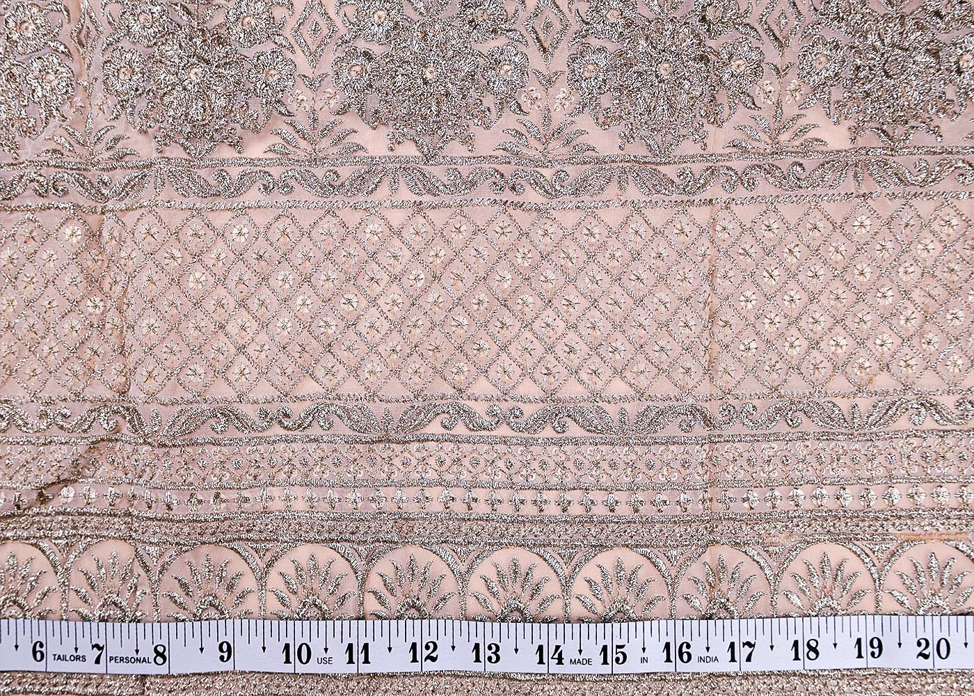 (Pre-Cut 1 Mtr ) White Organza Fabric With  All Over Zari And Sequins Work With One Side Heavy Border 17733