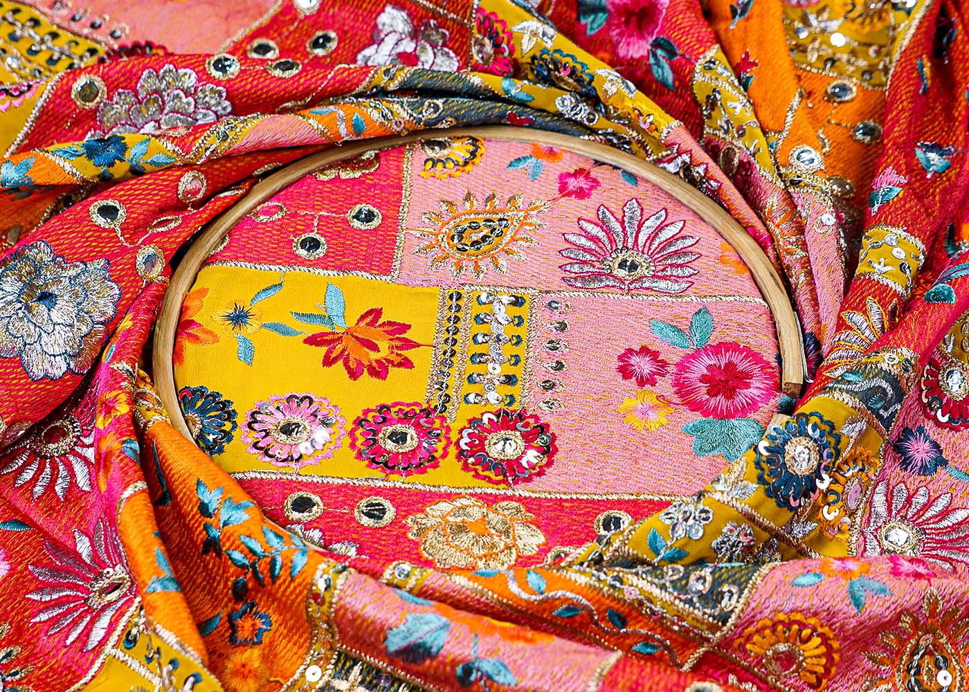 (Pre-Cut 1.4 Mtr ) Yellow Georgette Fabric With  All Over Thread Zari And Sequins Work With One Side Scalopped Border 17734