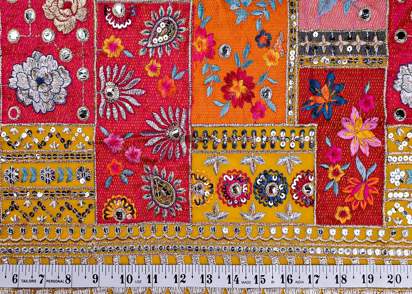 (Pre-Cut 1.4 Mtr ) Yellow Georgette Fabric With  All Over Thread Zari And Sequins Work With One Side Scalopped Border 17734
