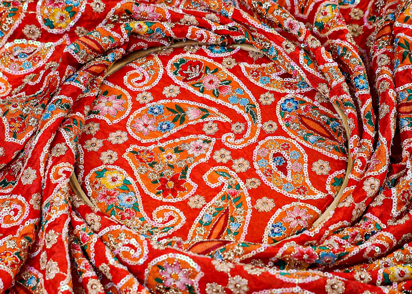 (Pre-Cut 2.2 Mtr ) Red Chinon Chiffon Fabric With  All Over Zari And Sequins Work 17738