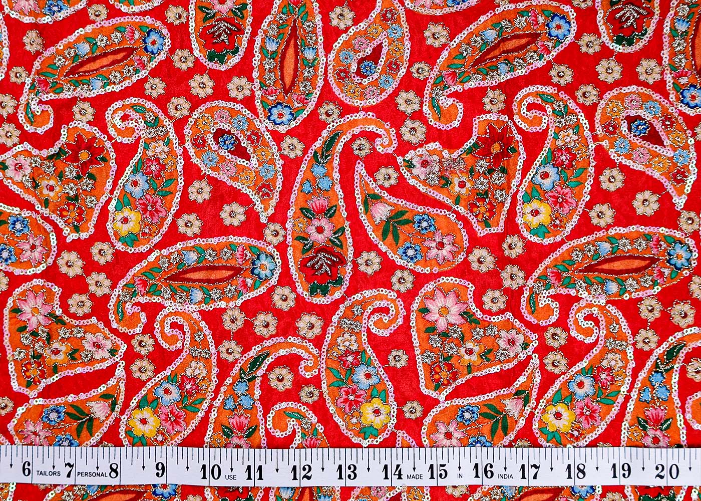 (Pre-Cut 2.2 Mtr ) Red Chinon Chiffon Fabric With  All Over Zari And Sequins Work 17738