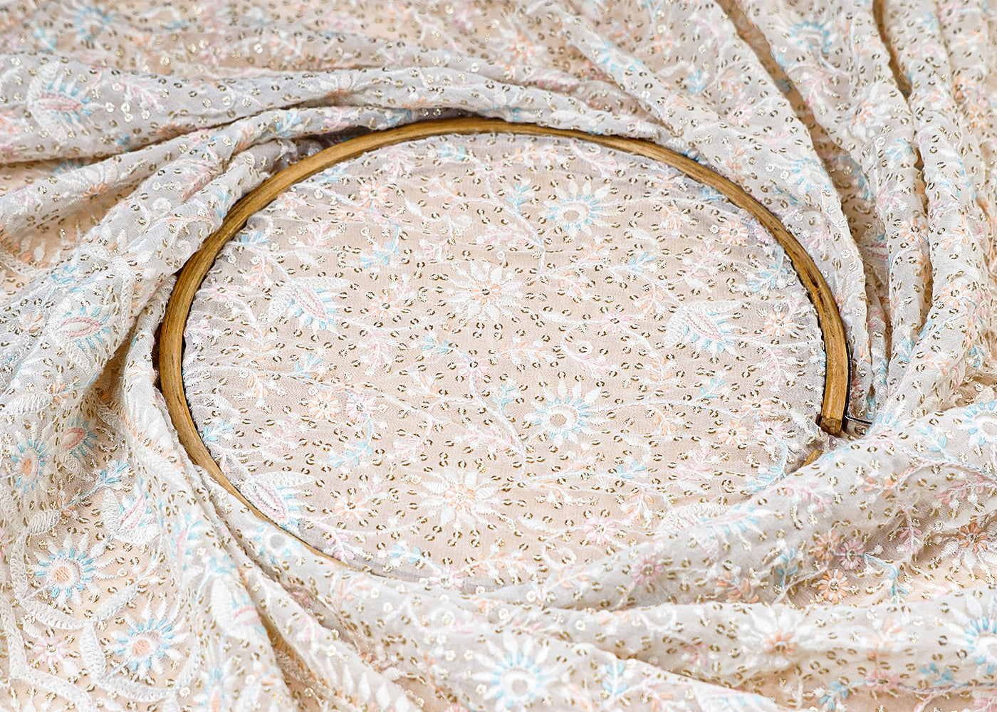 (Pre-Cut 2.3 Mtr ) White Georgette Fabric With  All Over Thread And Sequins Work With One Side Scalloped Border 17740