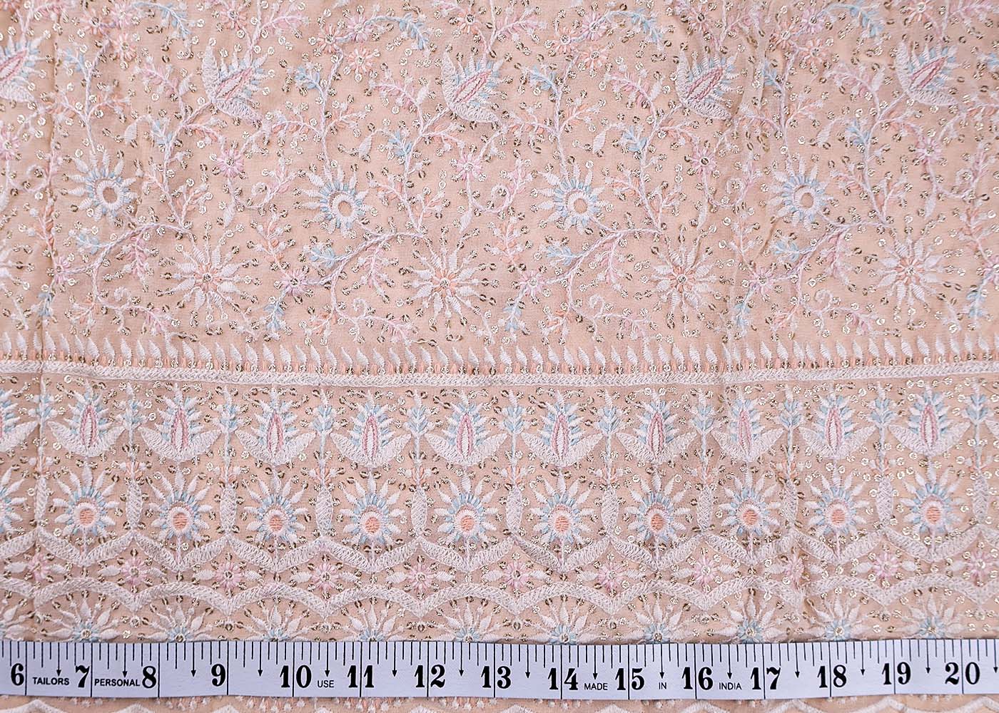 (Pre-Cut 2.3 Mtr ) White Georgette Fabric With  All Over Thread And Sequins Work With One Side Scalloped Border 17740