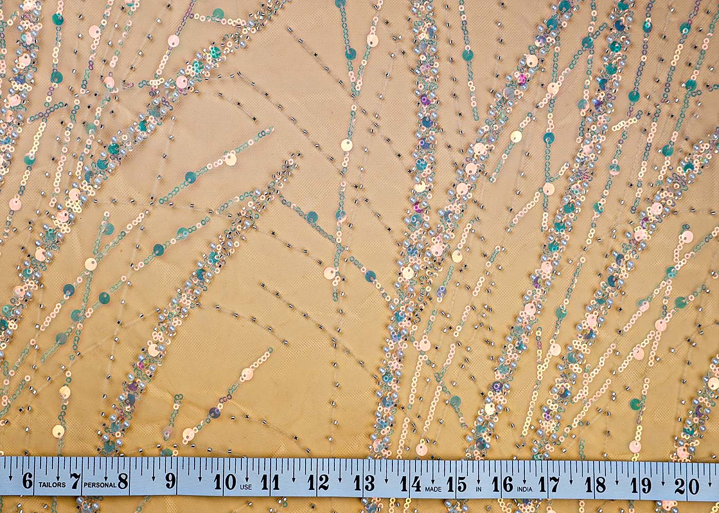 (Pre-Cut 1.6 MTR) Yellow Imported Net Fabric With All Over Katdana Peral And Rainbow Sequins 17744