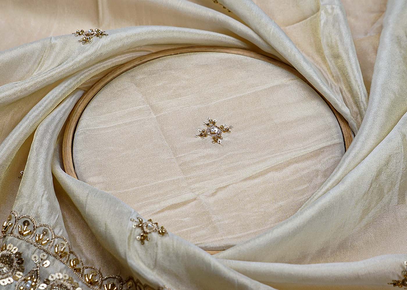 ( Pre-Cut 2.8 MTR) Golden Fabric With All Over Zari Sequins And Bead Work With Two Side Scalloped Border 17748