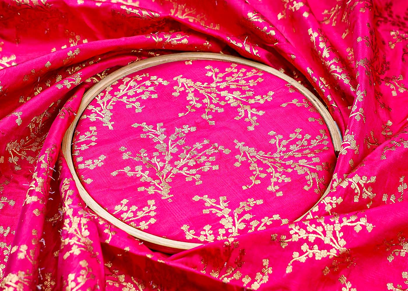 ( Pre-Cut 2.4 MTR) Pink Fabric With All Over Golden Zari Handloom 17752