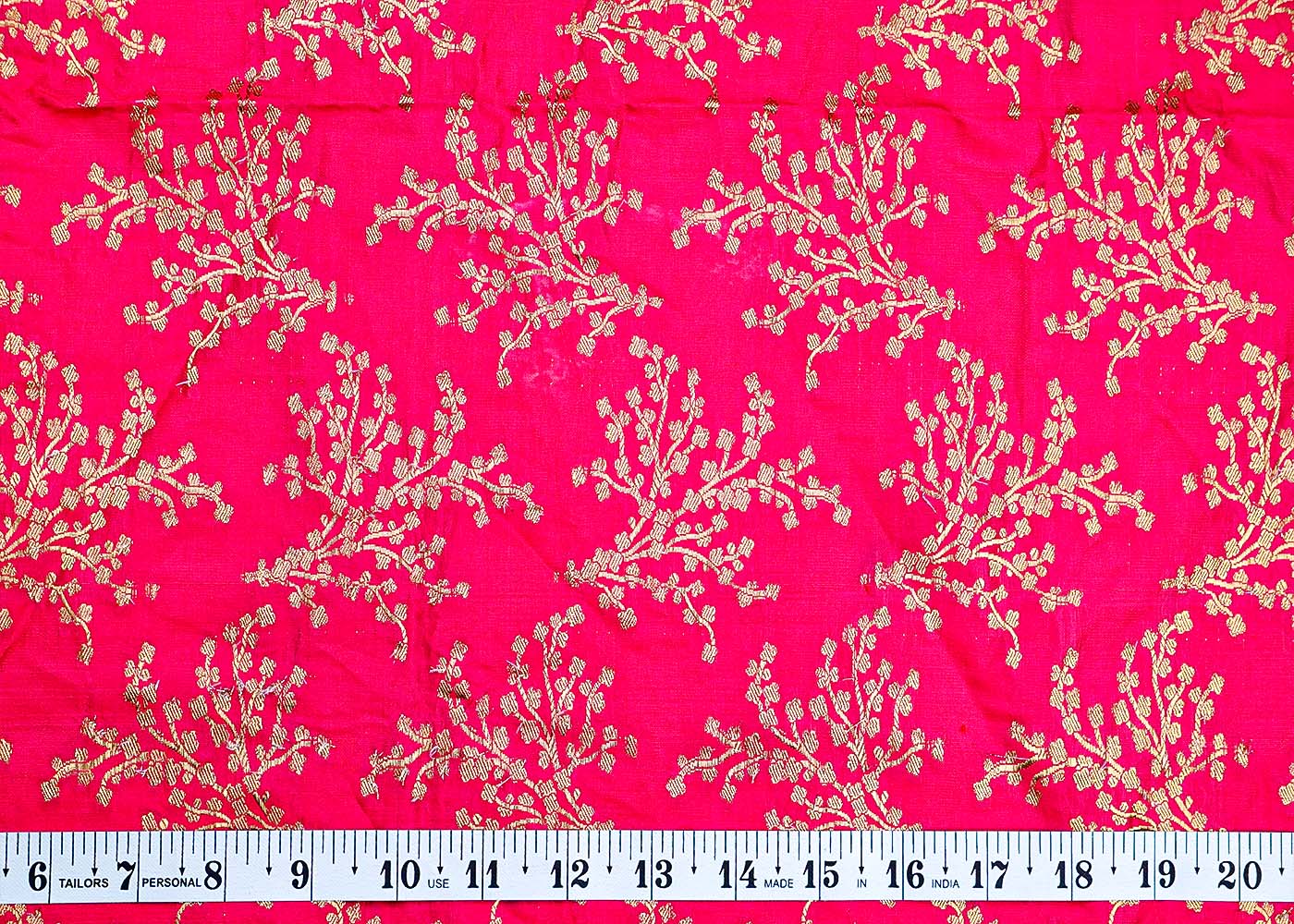 ( Pre-Cut 2.4 MTR) Pink Fabric With All Over Golden Zari Handloom 17752