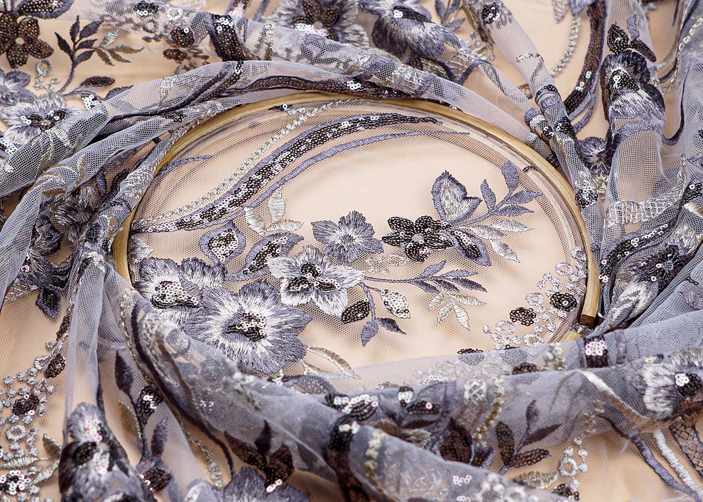 (Pre-Cut 1.9 MTR) Dark Grey Imported Net Fabric With All Over Thread And Sequins Work With Two Side Scalloped Edges 17755