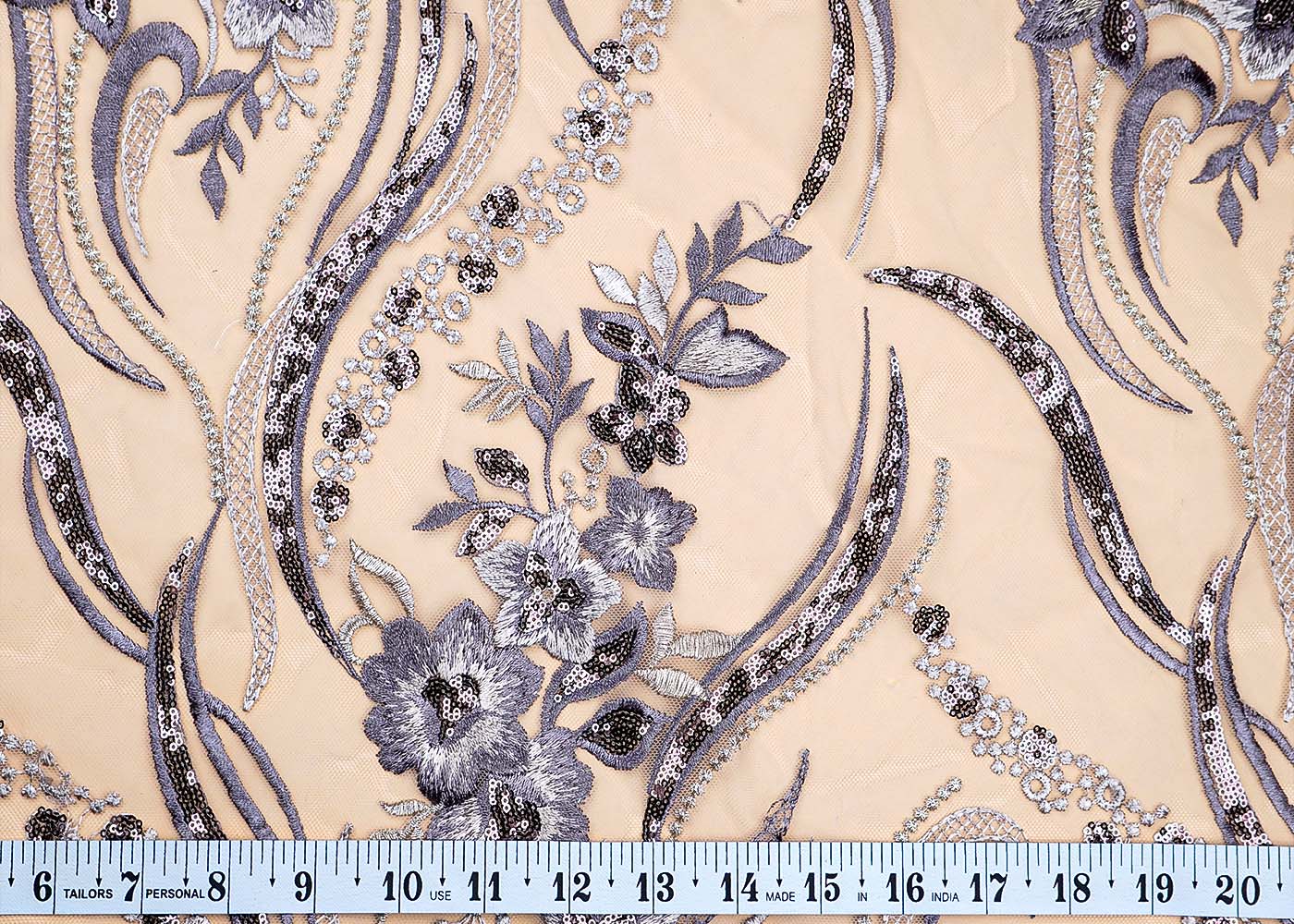 (Pre-Cut 1.9 MTR) Dark Grey Imported Net Fabric With All Over Thread And Sequins Work With Two Side Scalloped Edges 17755