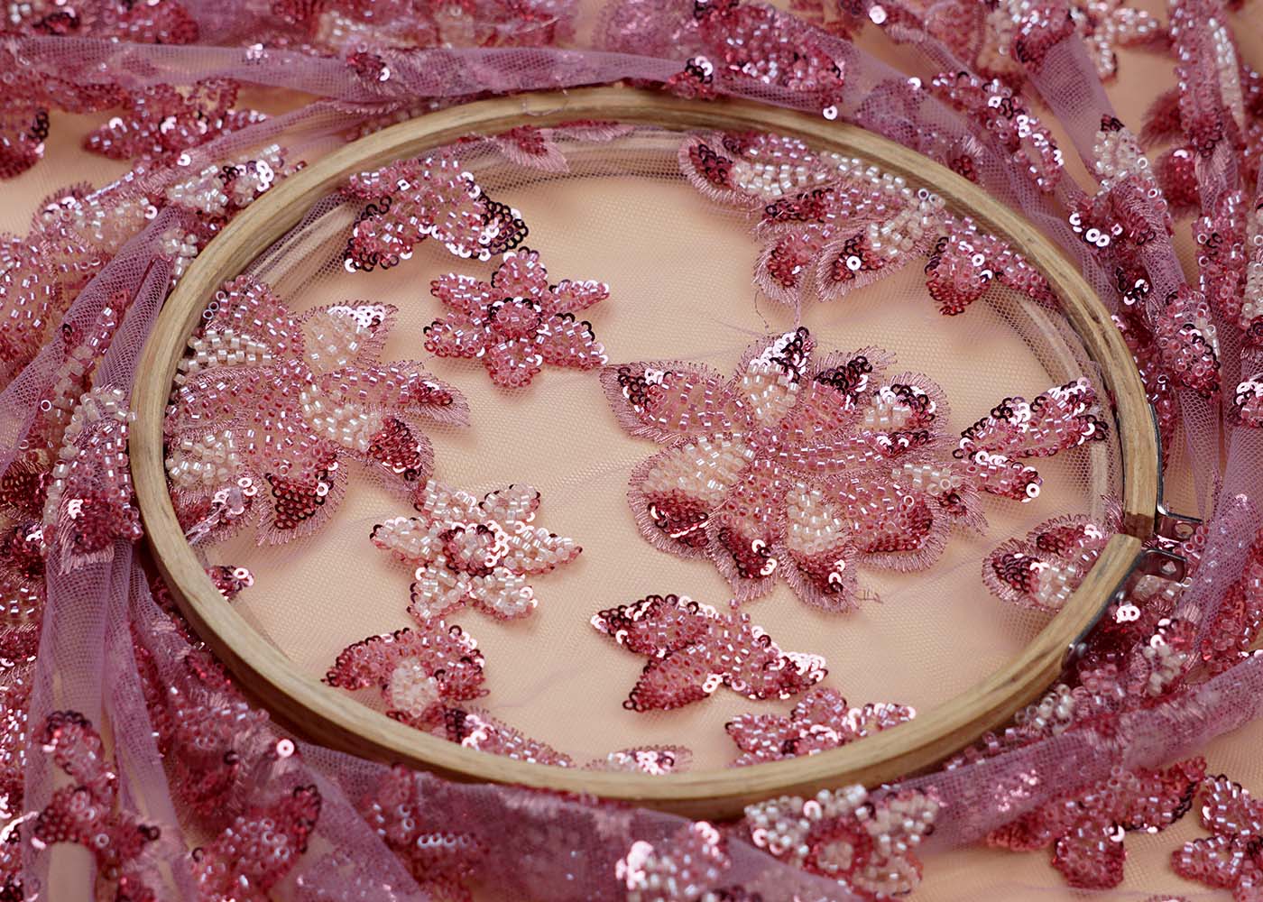 (Pre-Cut 0.6 MTR) Blush Pink Imported Net Fabric With All Over Thread Bead And Sequins Work 17759