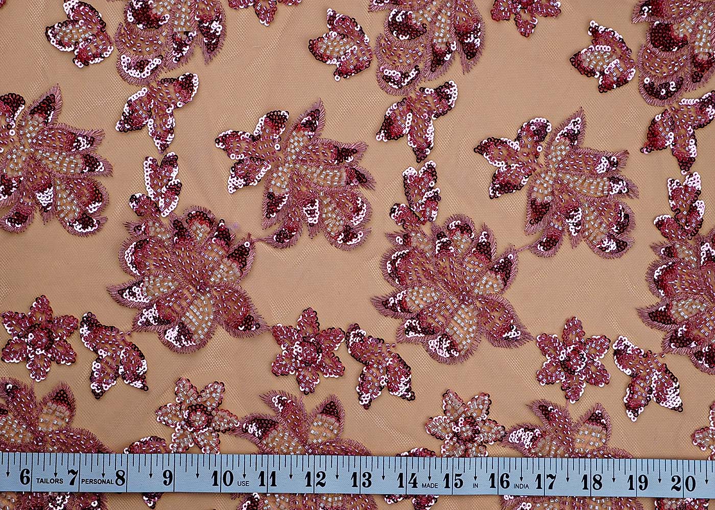 (Pre-Cut 0.6 MTR) Blush Pink Imported Net Fabric With All Over Thread Bead And Sequins Work 17759