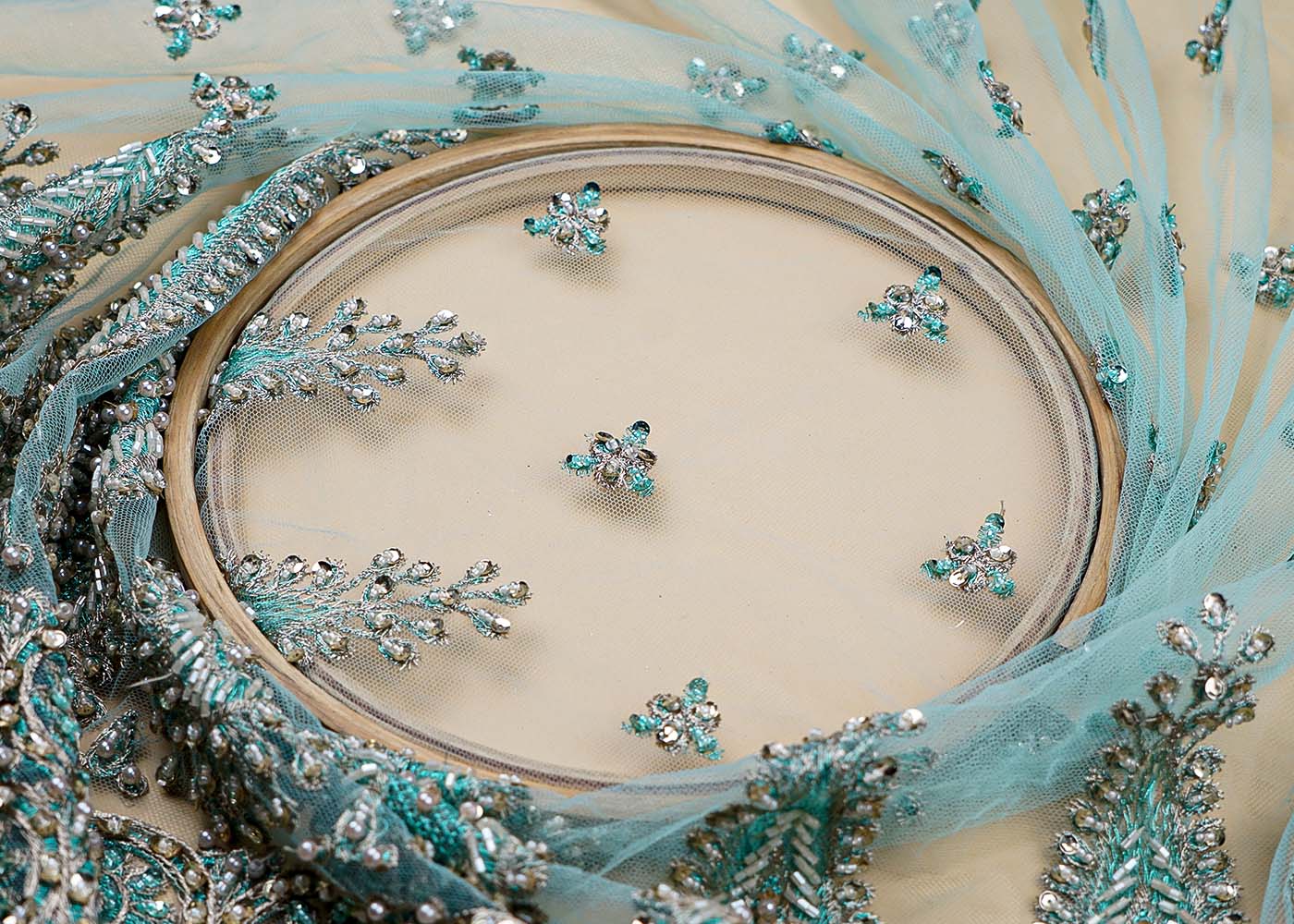 ( Pre-Cut 2 MTR) Aqua Blue Fabric With All Over Golden Zari Sequins And Bead Work  17760