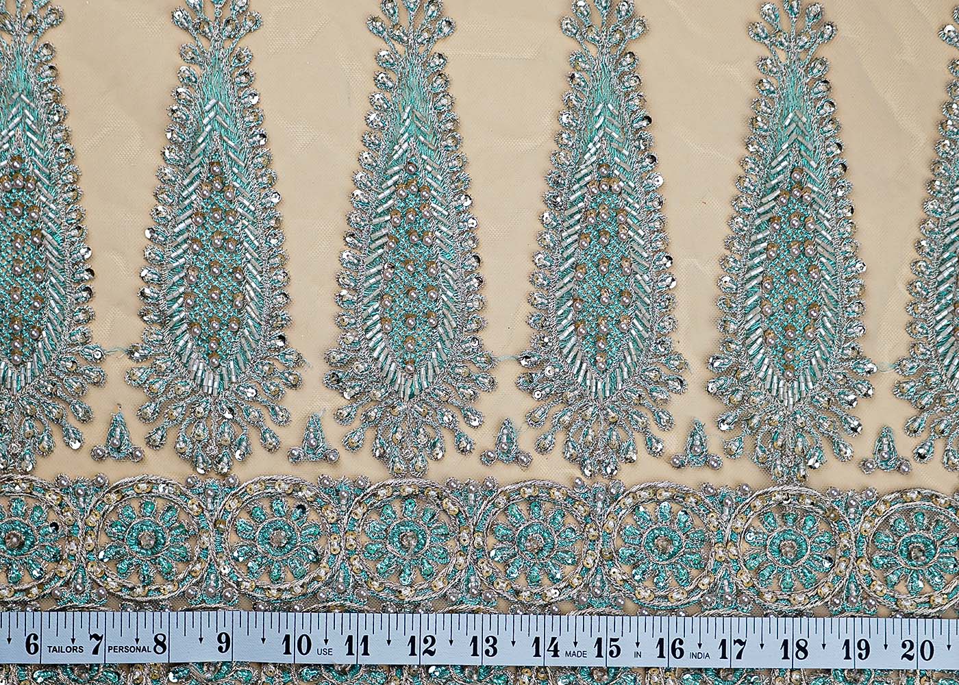 ( Pre-Cut 2 MTR) Aqua Blue Fabric With All Over Golden Zari Sequins And Bead Work  17760