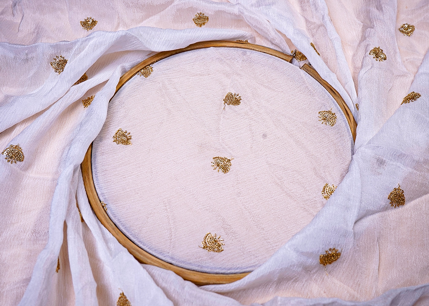 ( Pre-Cut 2.35 MTR) White Chinon Chiffon Fabric With All Over Sequins Work  17780