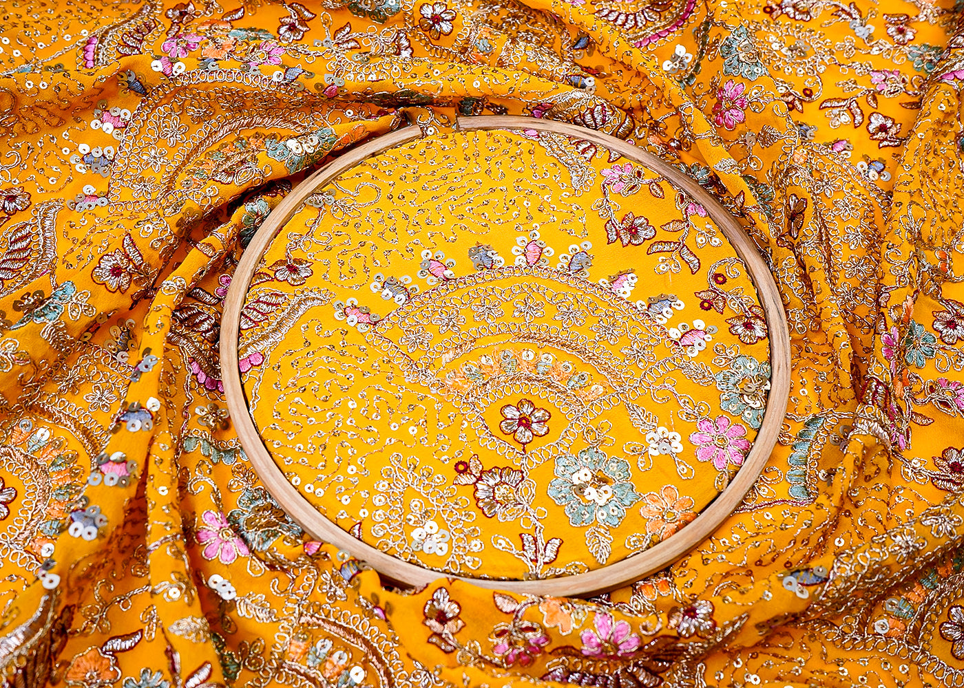 ( Pre-Cut 1 MTR) Yellow Fabric With All Over Golden Zari Thread And Sequins Work 17781