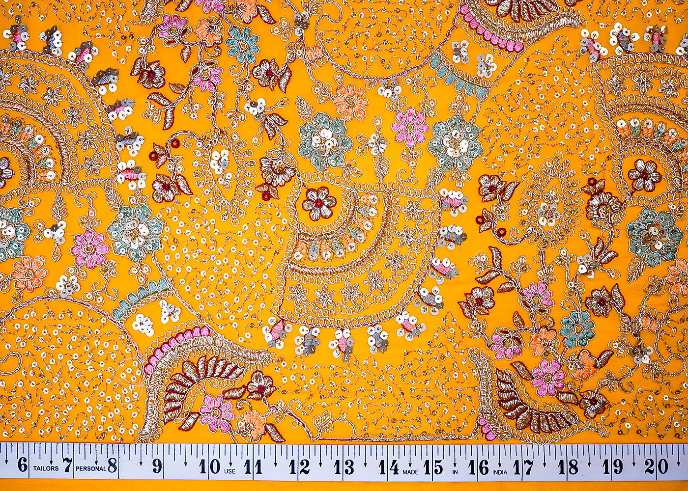 ( Pre-Cut 1 MTR) Yellow Fabric With All Over Golden Zari Thread And Sequins Work 17781