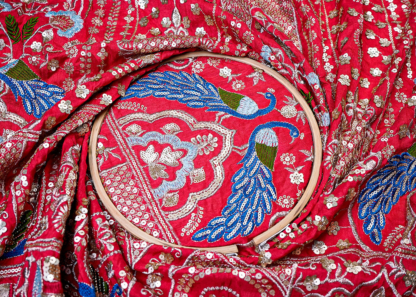 ( Pre-Cut 1 MTR) Red Dola Silk Fabric With All Over Thread Zari And Sequins Work With One Side Heavy Border 17782