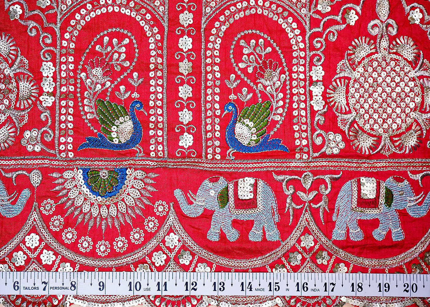 ( Pre-Cut 1 MTR) Red Dola Silk Fabric With All Over Thread Zari And Sequins Work With One Side Heavy Border 17782