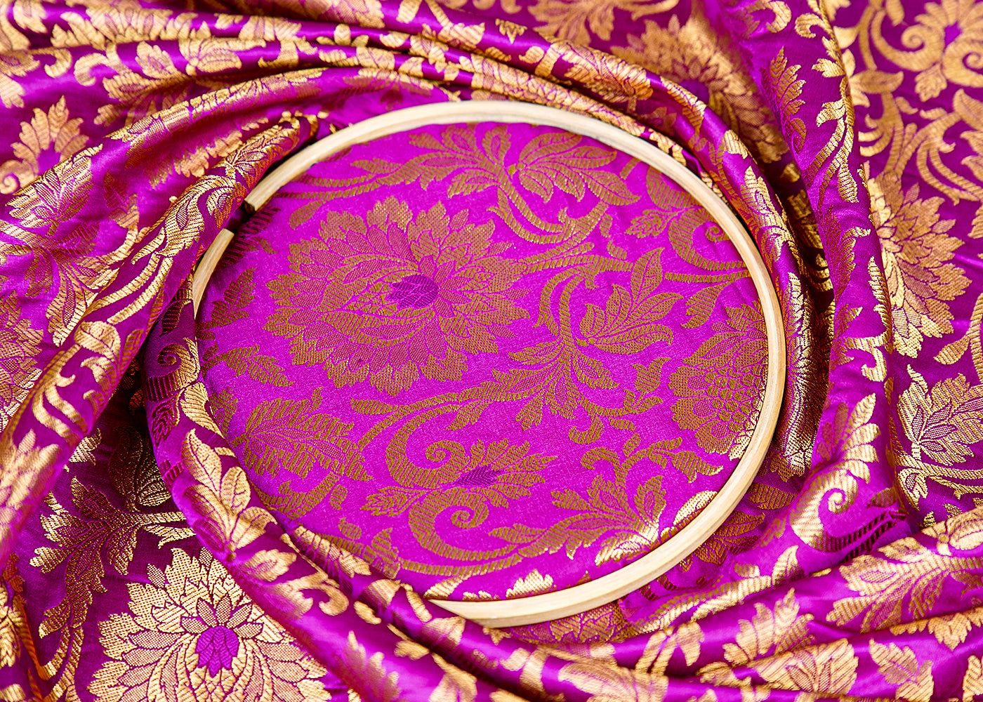 ( Pre-Cut 1 MTR) Purple Banarasi Brocade Fabric With All Over Golden Zari Handloom 17784