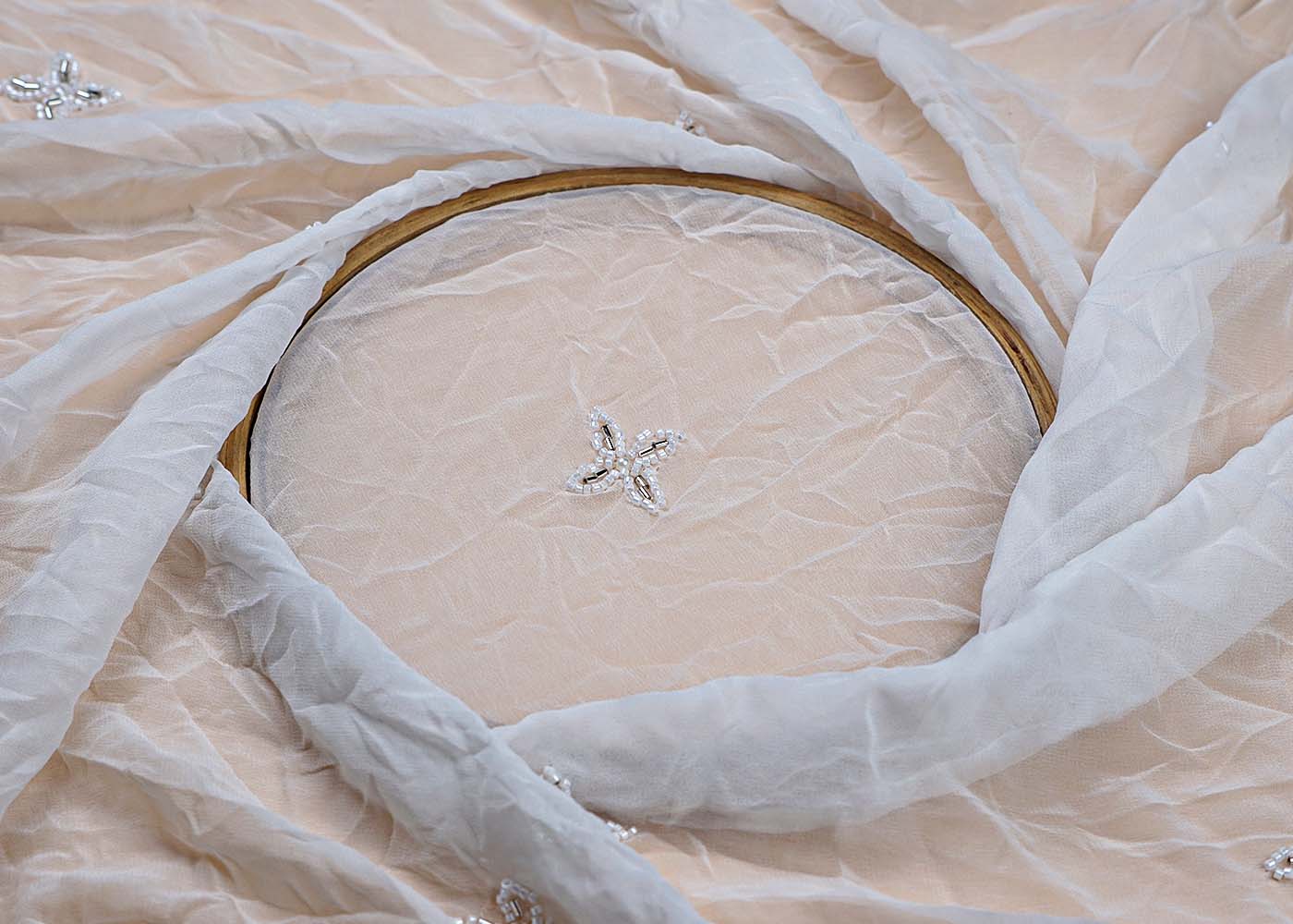 ( Pre-Cut 2.6 MTR) White Fabric With All Over Katdana And Bead Work With Two Side Scalloped Border 17785