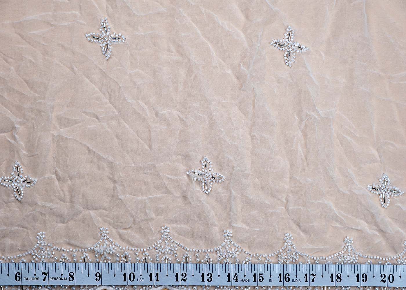 ( Pre-Cut 2.6 MTR) White Fabric With All Over Katdana And Bead Work With Two Side Scalloped Border 17785