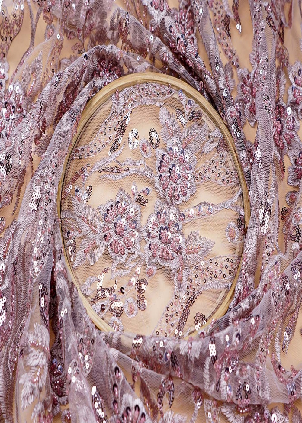 (Pre-Cut-1.15-MTR)-Old-Rose-Pink-Imported-Net-Fabric-With-All-Over-Thread-Sequins-And-Katdana-Work-With-Scalloped-Border
