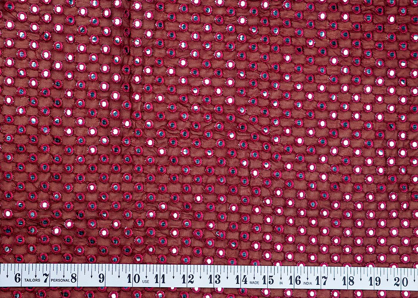 ( Pre-Cut 3.8 MTR) Wine Georgette Fabric With All Over Faux Mirror Work