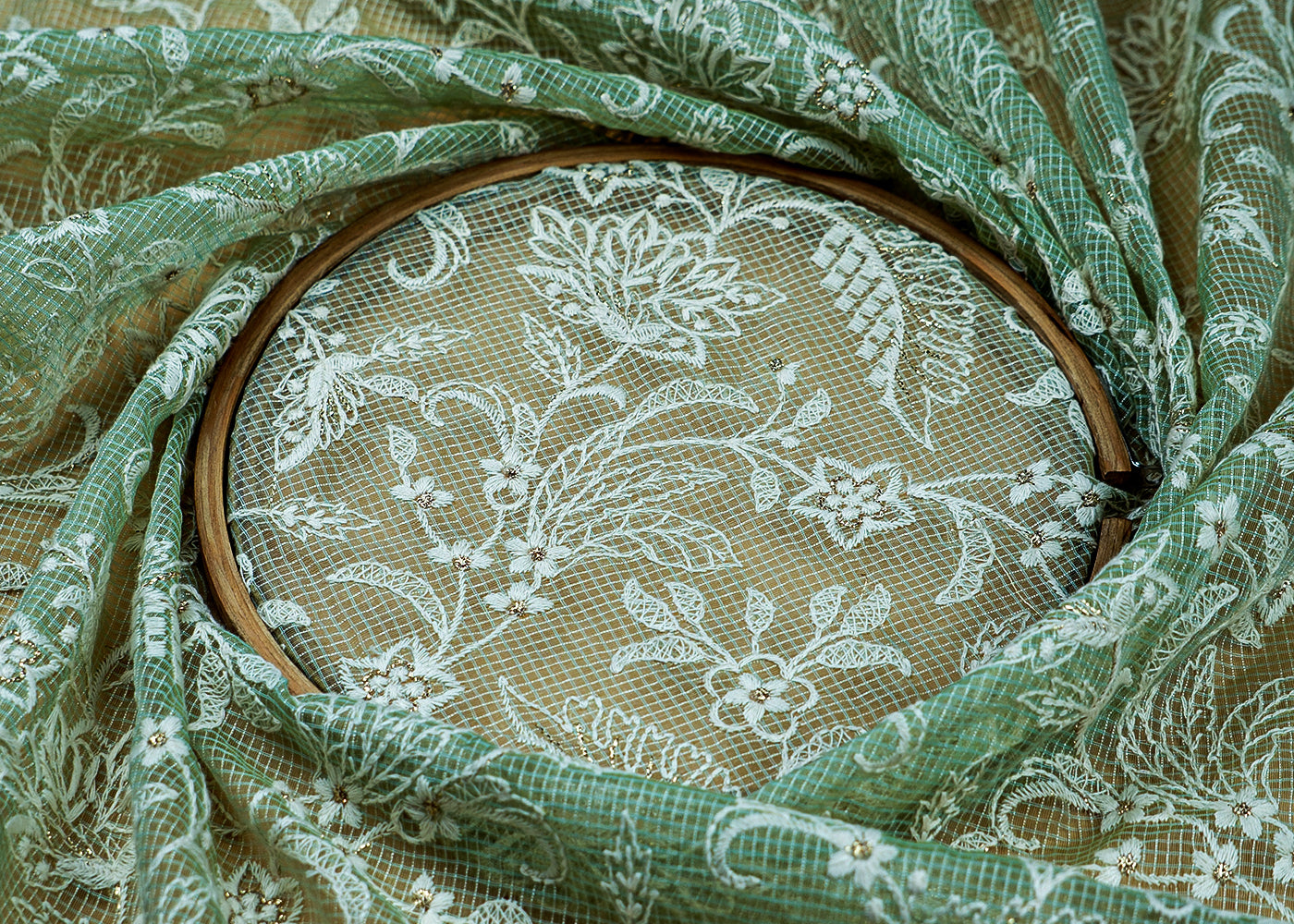 ( Pre-Cut 3.8 MTR) Mint Green Cotton  Fabric With All Over Kota Doria Work 17799