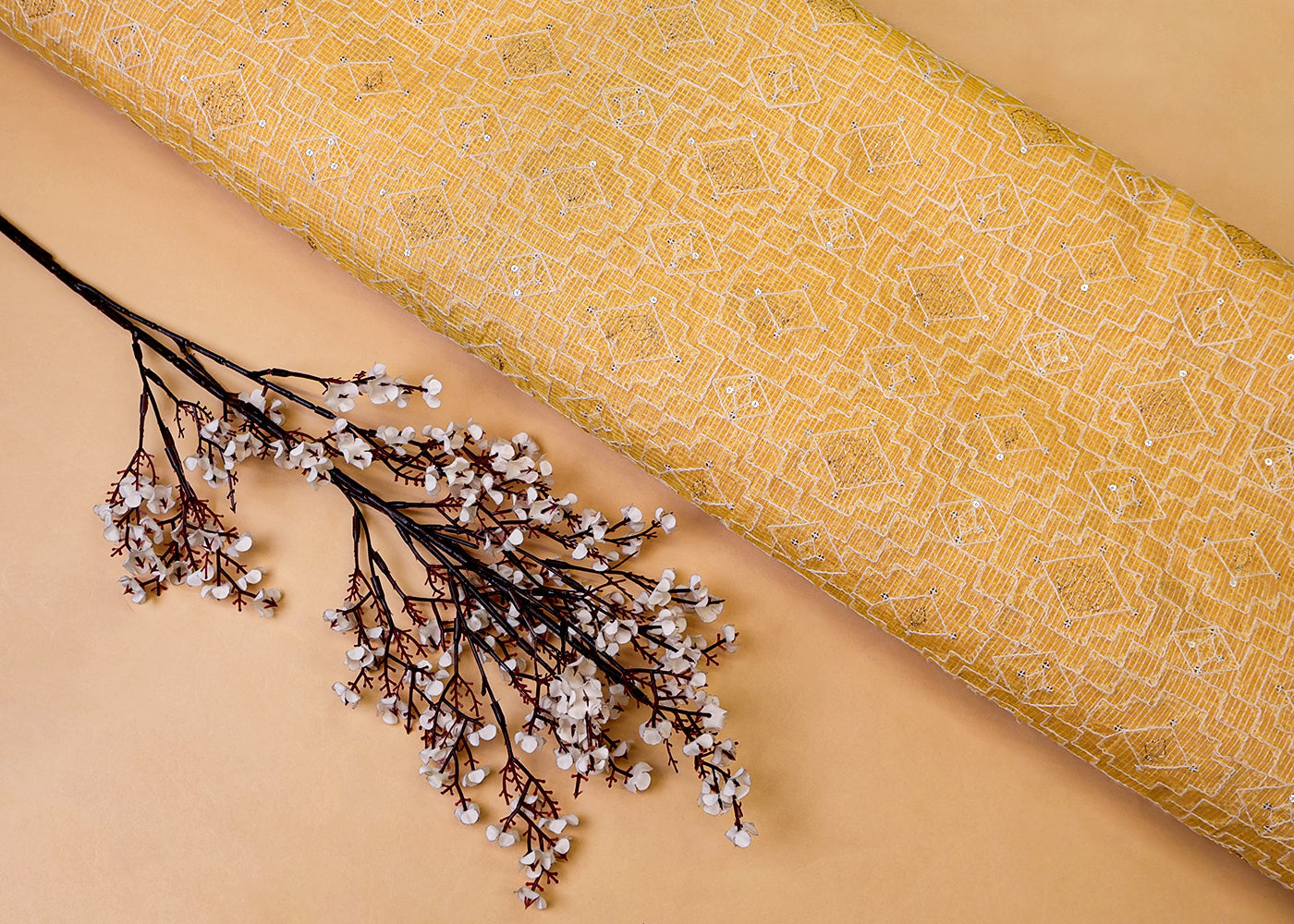 Pastel Yellow Cotton Kota Fabric with All Over Kotadoria Work of Thread and Sequins 17930