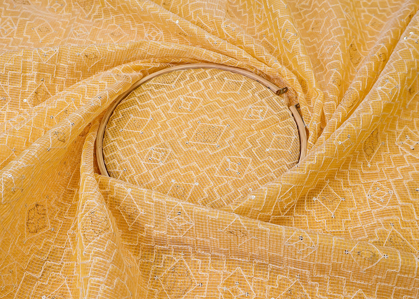 Pastel Yellow Cotton Kota Fabric with All Over Kotadoria Work of Thread and Sequins 17930