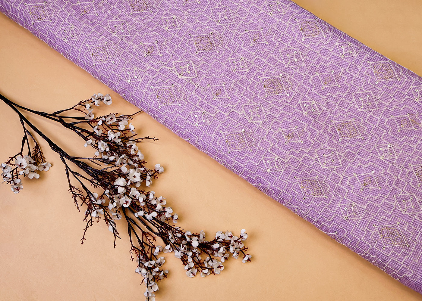 Lavender Cotton Kota Fabric with All Over Kotadoria Work of Thread and Sequins 17931