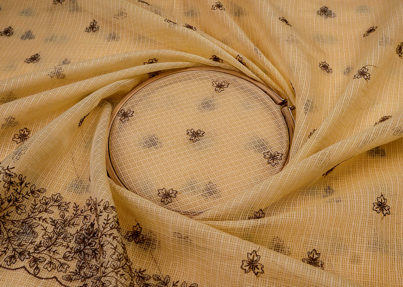 Pastel Yellow Cotton Kota Fabric with All Over Kotadoria Work of Thread 17932