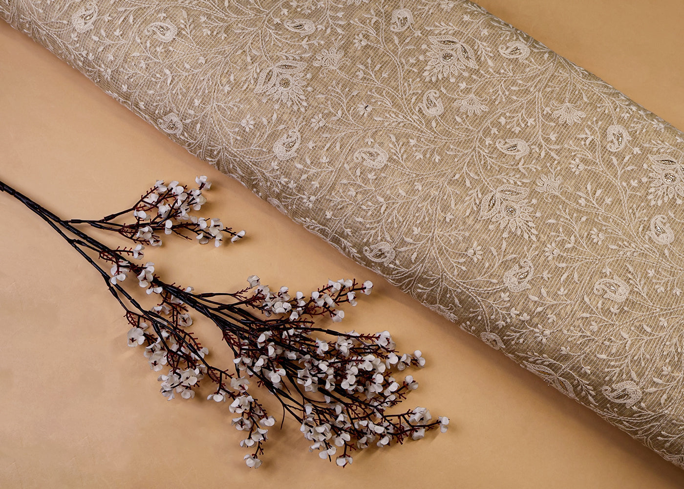Beige Cotton Kota Fabric with All Over Kotadoria Work of Thread and Sequins 17933