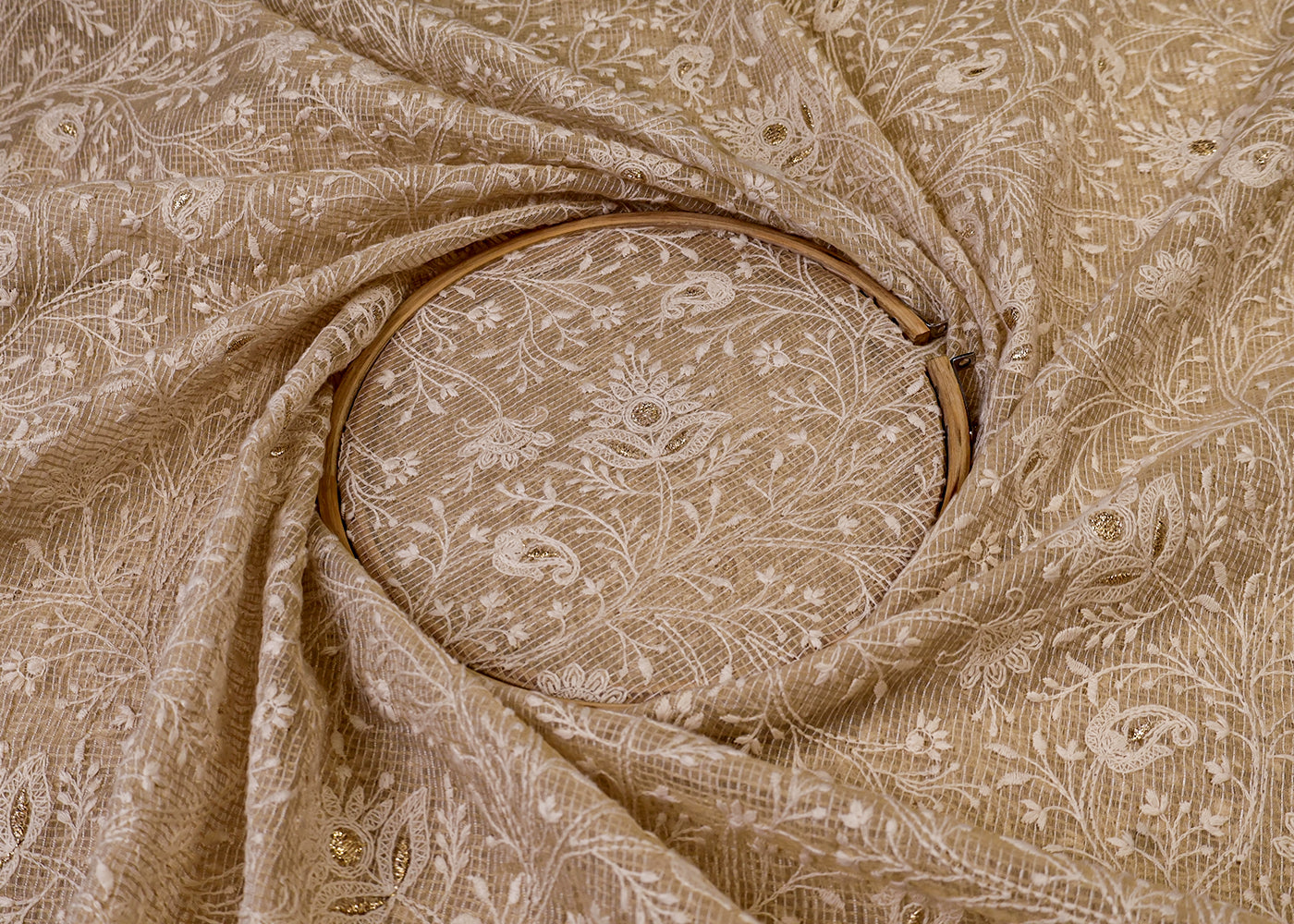 Beige Cotton Kota Fabric with All Over Kotadoria Work of Thread and Sequins 17933