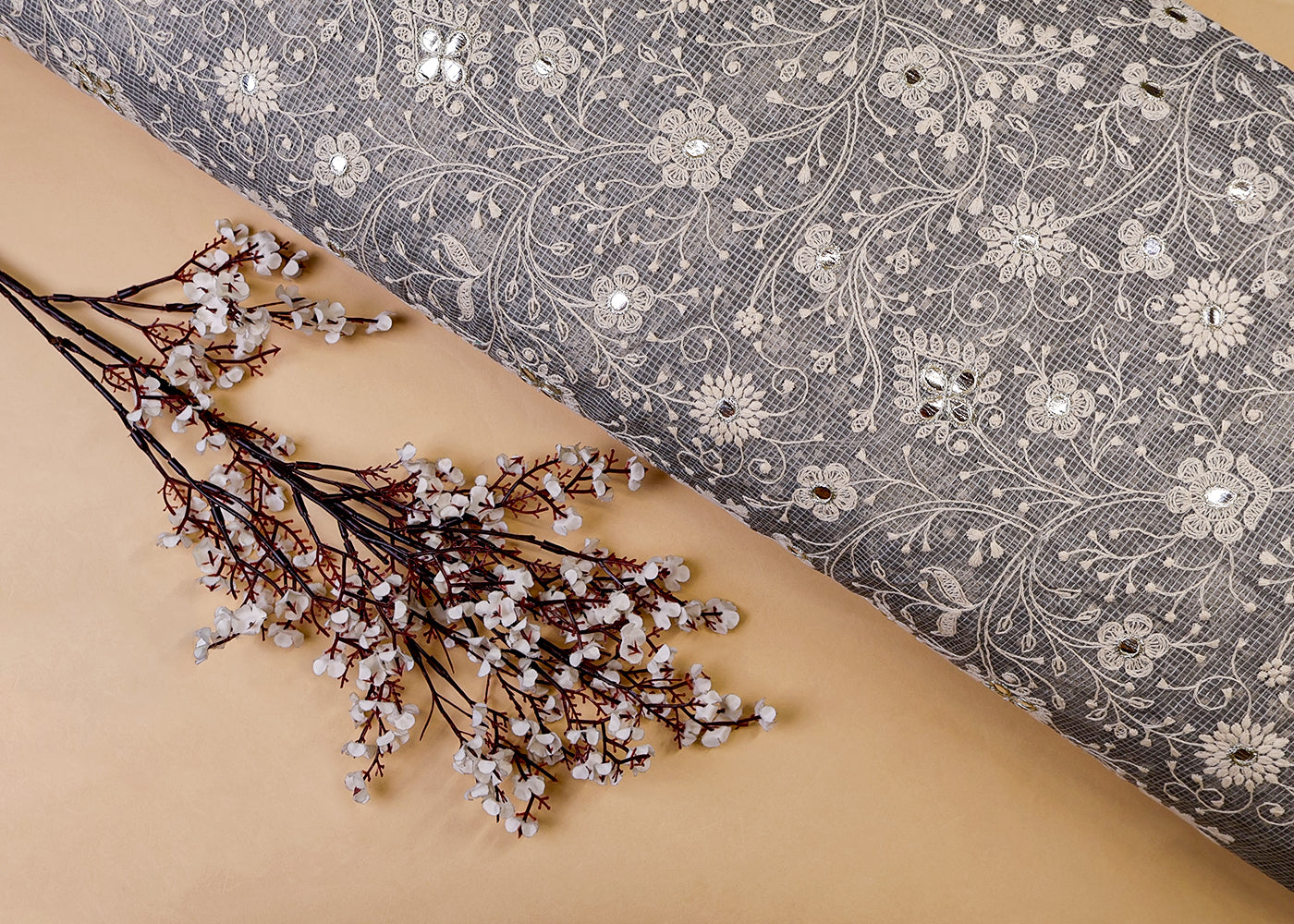 Grey Cotton Kota Fabric with All Over Kotadoria Work of Thread and Sequins 17934