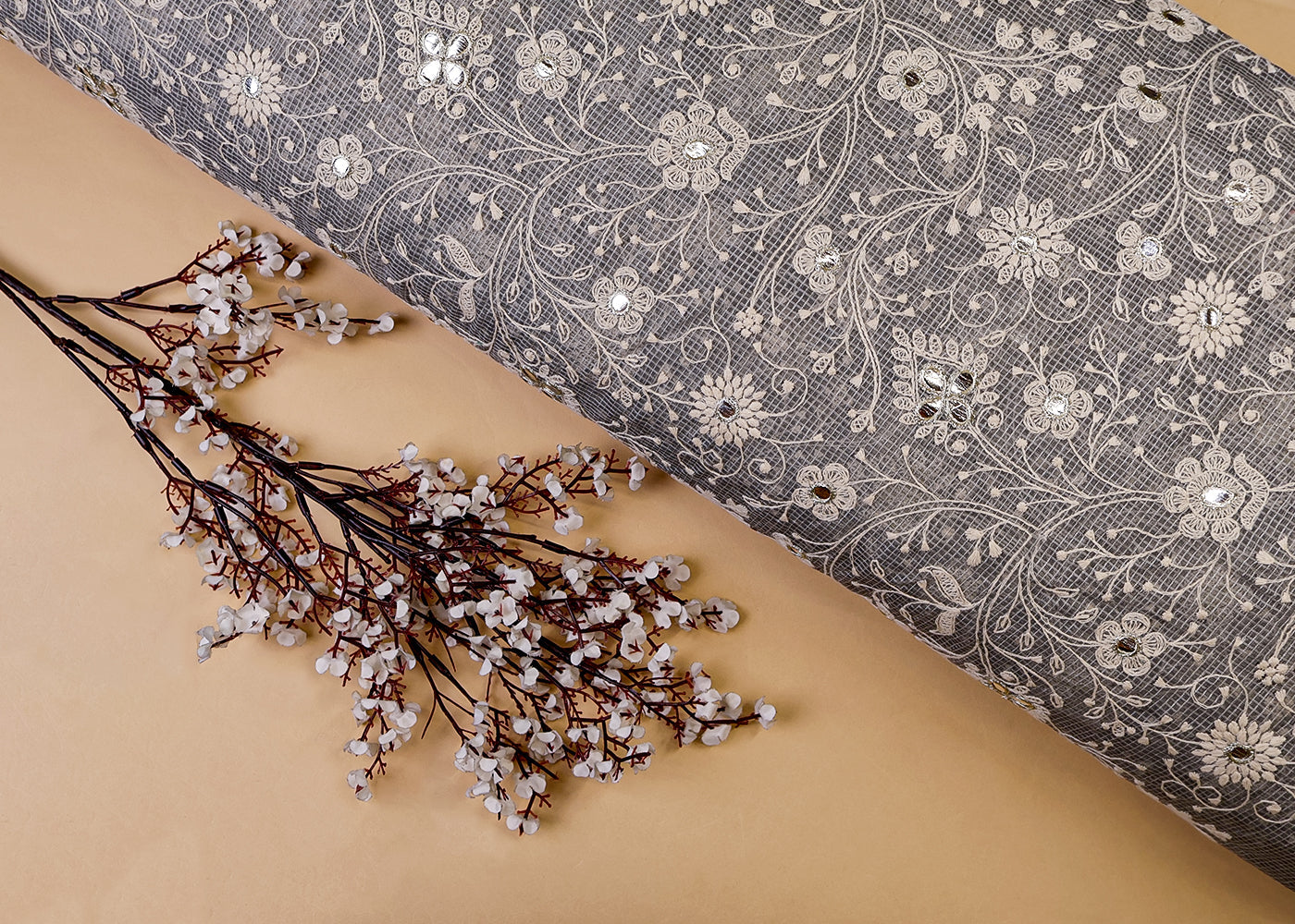 Grey Cotton Kota Fabric with All Over Kotadoria Work of Thread and Sequins 17934