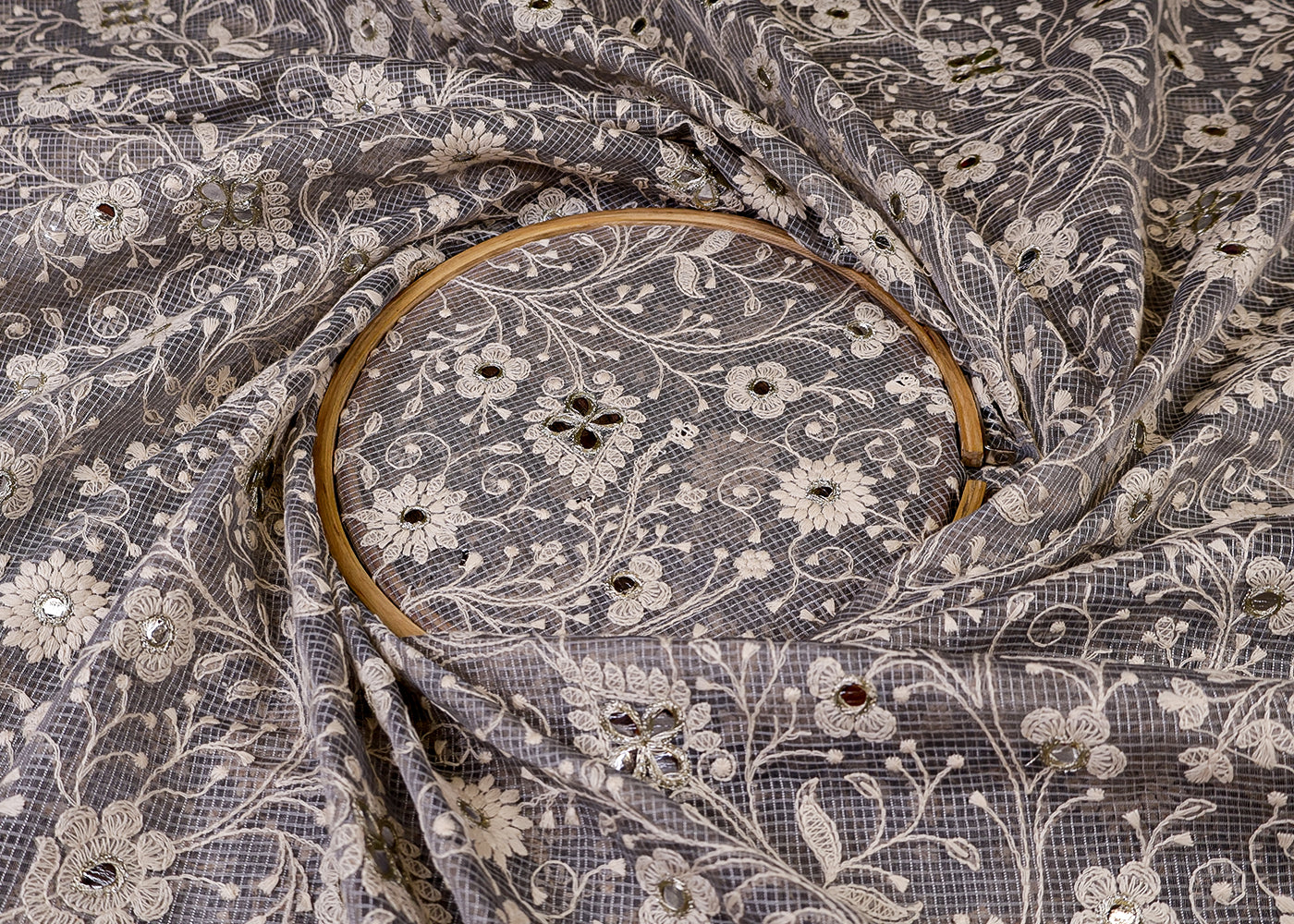 Grey Cotton Kota Fabric with All Over Kotadoria Work of Thread and Sequins 17934