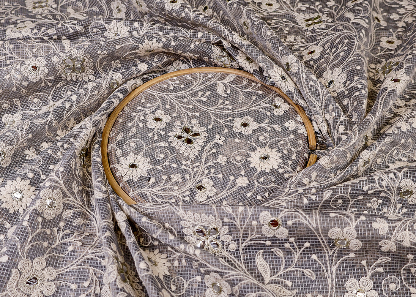 Grey Cotton Kota Fabric with All Over Kotadoria Work of Thread and Sequins 17934