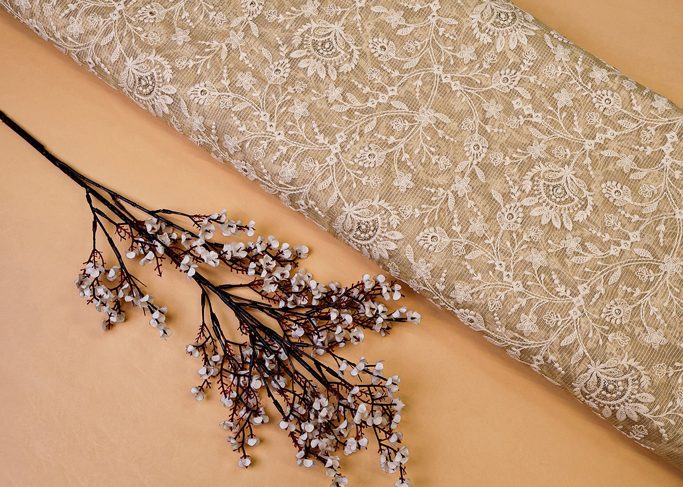 Beige Cotton Kota Fabric with All Over Kotadoria Work of Thread and Sequins 17935
