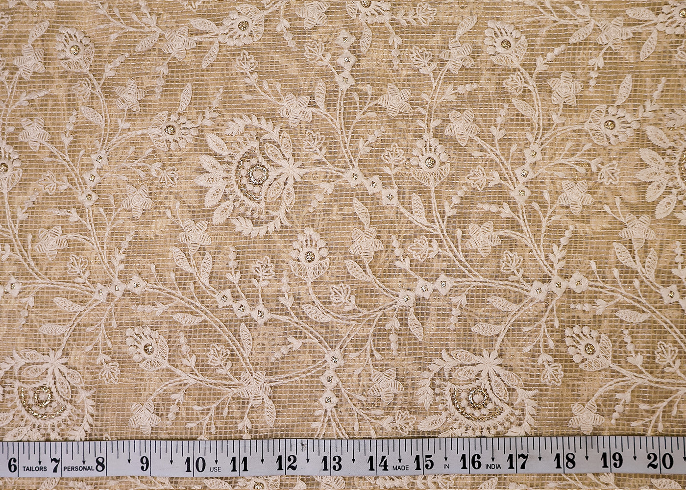 Beige Cotton Kota Fabric with All Over Kotadoria Work of Thread and Sequins 17935