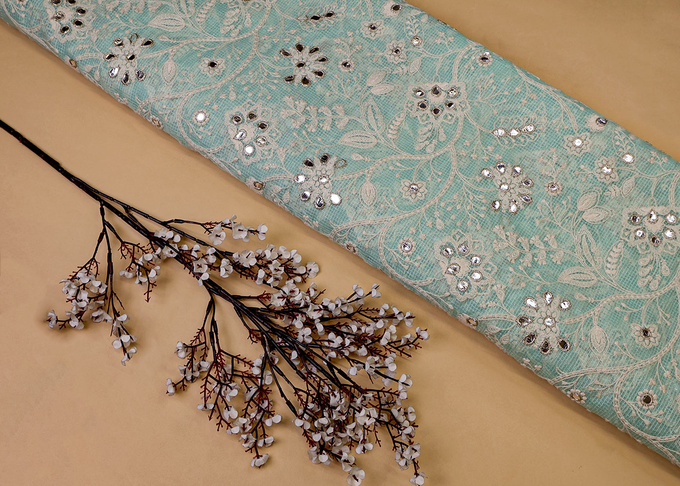 Sea Green Cotton Kota Fabric with All Over Kotadoria Work of Thread and Faux Mirror 17936